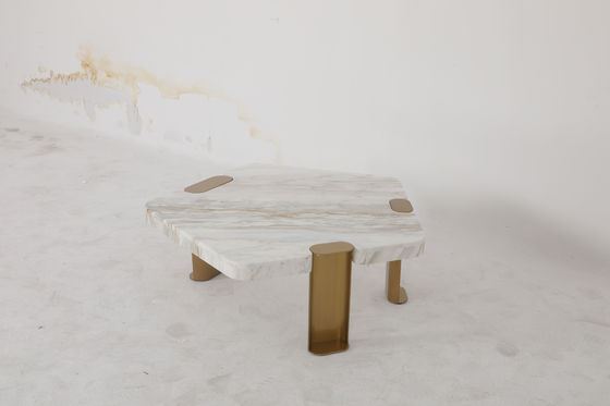Delicate Brushed Gold Stainless Steel Coffee Tea Table With Marble Table Top