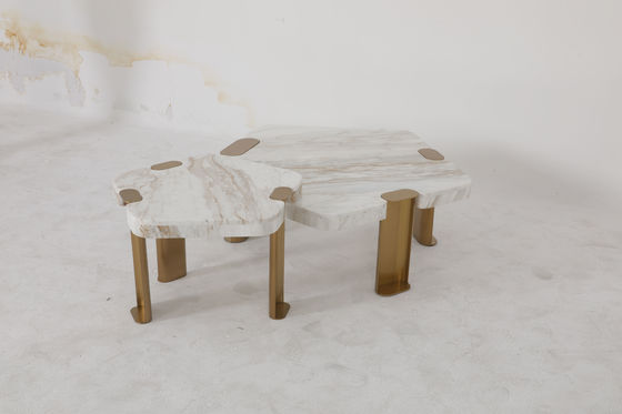 Delicate Brushed Gold Stainless Steel Coffee Tea Table With Marble Table Top