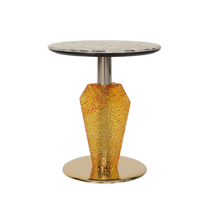 Agate Top Shiny Finish Stainless Steel Round End Table Gold Metal Base Glass Pillar