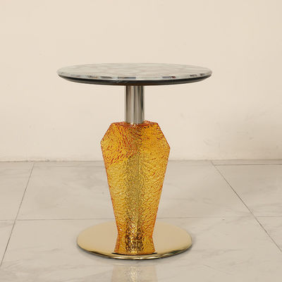 Agate Top Shiny Finish Stainless Steel Round End Table Gold Metal Base Glass Pillar