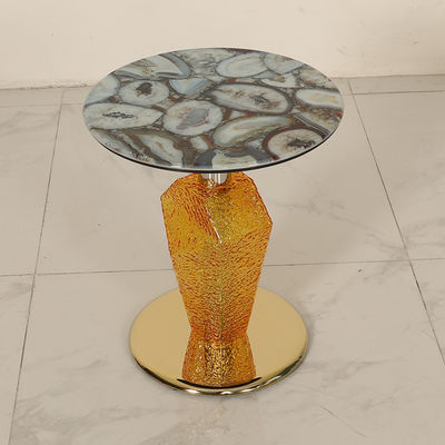 Agate Top Shiny Finish Stainless Steel Round End Table Gold Metal Base Glass Pillar