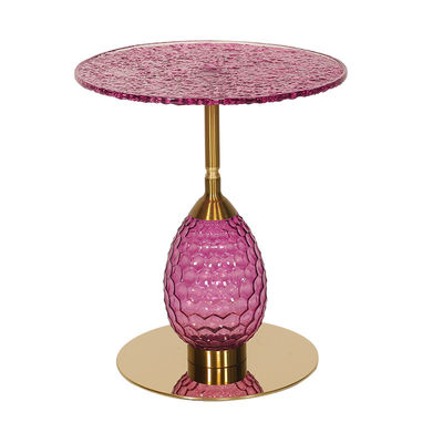 Purple Glasss Top Unique Design Shiny Finish Stainless Steel End Table Gold Metal Base