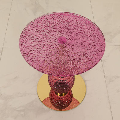 Purple Glasss Top Unique Design Shiny Finish Stainless Steel End Table Gold Metal Base