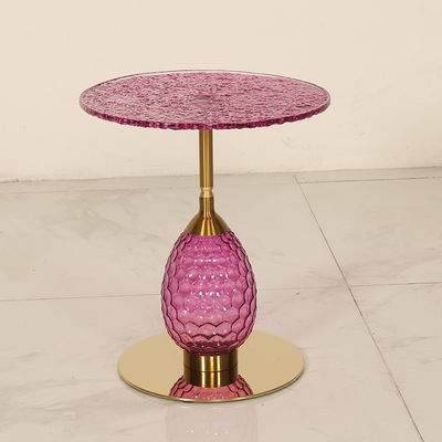 Purple Glasss Top Unique Design Shiny Finish Stainless Steel End Table Gold Metal Base