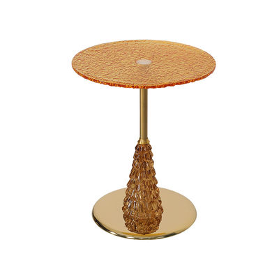 Wave Tea Color Glasss Top Unique Design Shiny Finish Stainless Steel End Table Gold Metal Base