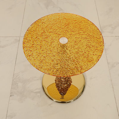 Wave Tea Color Glasss Top Unique Design Shiny Finish Stainless Steel End Table Gold Metal Base