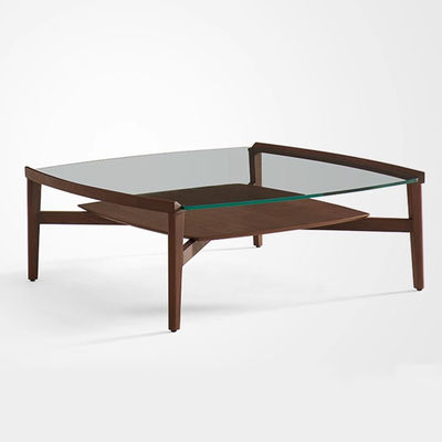 Oak Veneer Square Glass Coffee Table With Wood Base Matt Finish